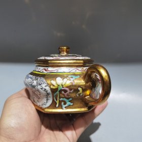 旧藏紫砂壶描金六方彩绘壶中国宜兴精工班