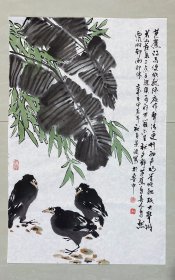 花鸟画，八哥鸟，竹子，芭蕉叶寓意家大业大，写意画法，纯手绘，假一赔万，墨透纸背的，山东省美协谢景波老师的原创大作，老师画的非常细，笔法苍劲有力，浓淡干湿枯，花鸟画的很写实，很传神。尺寸45×68公分的，四尺三开的，家里客厅，卧室，书房，茶室，玄关都可悬挂，朋友结婚，家有喜事，乔迁新居送礼再好不过了，非常合适，很有意境的一幅画！