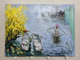 保真书画，安徽名家，宣城市第一任美协主席，李维林油画佳作《水乡》60*80，布面油画带内框。