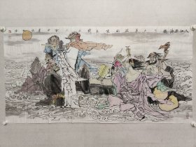 著名人物画家，狄少英四尺整纸《八仙过海》国画佳作69*135.5cm，软片。狄少英，1957年6月出生于河北定州，1991年毕业于解放军艺术学院美术系，师从刘大为、刘天呈诸名师。现为国家一级美术师，中国美术家协会会员，中国书法家协会会员，山西省美协副主席，中国美协山西创作中心主任，中国徐悲鸿画院人物画创作室主任，上海同济大学兼职教授，湖南工业大学客座教授等。（保真书画）