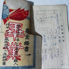 50年代档案袋一个 包括：照片／健康检查表／登记表／简历等共6页【1953年毕业证书一张有破损】1936年生人，解放前生活困难，18岁结婚。