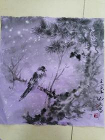 手绘云龙纸国画暮色听雪