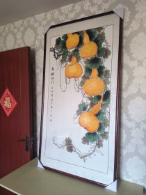 名人手绘国画，五福（葫）临门，尺寸136*68，实木画框150*80，天津自提。