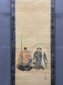 福海，清代时期人物画《福神财神像》，清代花绫精裱，老骨质轴。