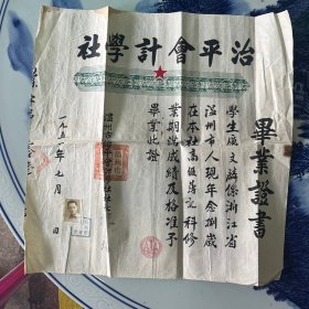 1951年温州市治平会计学社毕业证书