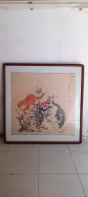 邱吉特工笔画 二猫聆听图（只售画，画框不售）
