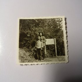 老照片–母女二人站在景区竹子标示牌旁留影