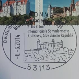 F1841外国信封 2014年斯洛伐克共和国布拉迪斯拉发国际收藏家博览会 贴德国2014年欧元邮票 城堡 阿尔布莱希特城堡邮票  1全 双联 城堡戳