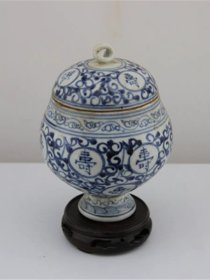明代全手工绘画青花寿字高足茶叶罐盖罐做旧仿古瓷器古玩收藏摆件
