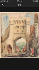 十九世纪 石印版画加水彩，Miniature Watercolor Painting Antique Signed R. C. Beam Westgate Winchester UK 
The West Gate Winchester Hampshire by R.C. Beam The West Gate 温彻斯特汉普郡, 1800s Watercolor Miniature Etching