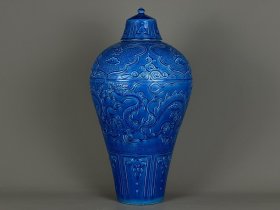 元孔雀蓝浮雕龙纹梅瓶 古玩古董古瓷器老货收藏