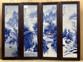 珠山八友＂王步＂青花山水 春夏秋冬四条屏瓷板画