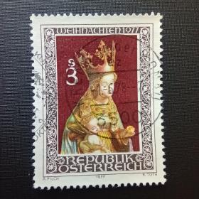 ox0104外国纪念邮票奥地利邮票1977年 圣诞节蒂罗尔玛丽亚施泰因圣母子木雕邮票 信销 1全戳雕刻彩雕版