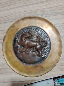 蒙古国回流手工铜挂盘，狮子19厘米