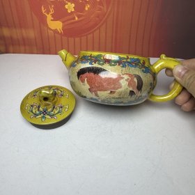 捡漏一九六九年宜兴老式彩绘马到成功顾景舟怀旧手工泡茶库存家用收藏茶具紫砂壶约300毫升