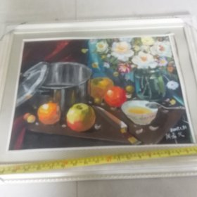 玻璃画的好透明啊，鲜花与水果，拆迁户收到一个纸本油画，纯手绘买家自己鉴定