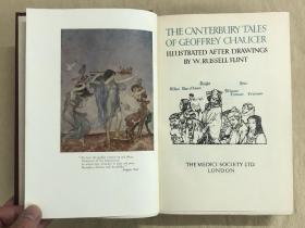 Tales from Chaucer：The Canterbury Tales，乔叟《坎特伯雷故事集》，著名的苏格兰水彩之王弗林特插图（内含24幅精美整页水彩画），布面精装，烫金书脊，浮雕花纹封面，书顶刷红，毛边未裁 ，1929年老版书