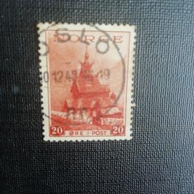 挪威邮票:1938年博尔贡的木板教堂1枚信销普票收藏保真（建筑题材）