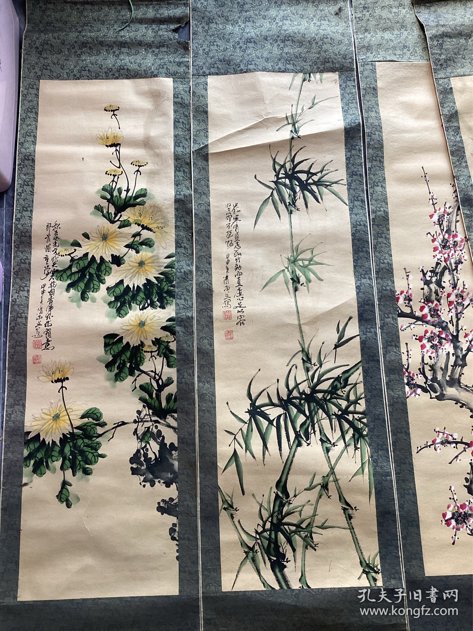 清雨点画作梅兰竹菊四条屏一组