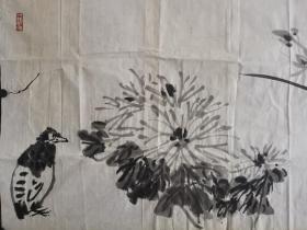 李苦禅先生国画长卷一幅《竹石芭蕉鸟图》自然旧 纸有些许黄斑 保真