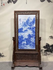 珍藏王步作品黄花梨镶瓷板画青花山水楼台山水環楼勝景隔断屏风