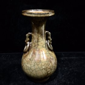 瓷瓶：传世包浆，哥窑瓷双耳瓶