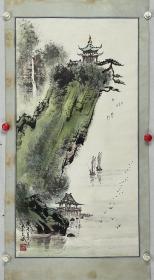 李文斌 尺寸 81/42 立轴 （1928-），字清道，半仓等。黑龙江齐齐哈尔市人，自幼习画。1958年从师吴镜汀先生，专攻山水画学习达十五年，擅隶书和篆刻、精通实用美术。李文斌在吴镜汀先生的传授下打下了扎实的传统技法功底扎实、手法细腻。曾任中国书画研究会理事、湖社画会顾问、北京美协会员、北京卿云诗书画社秘书长等。李文斌注重写生，四上峨眉山、89年入选《中国当代书画家大辞典》。