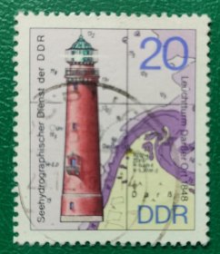 德国邮票 东德1974年沿海灯塔和地图 20p 1枚销