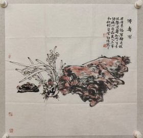 保真书画，定州市美协副主席，王祖阳《仙寿图》69X69cm，软片，王祖阳，字羲载，别署利贞堂，1961年生，著名画家，二级美术师，河北省美术家协会会员，定州市美术家协会副主席。