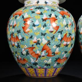 清代瓷器精品老货收藏 清乾隆绿地粉彩福寿纹将军罐