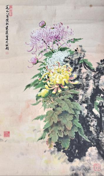 邱远柔:四川内江著名画老一辈书画家，职业画家、1978年原装原裱三尺整纸花鸟画镜片精品、菊花、画心尺寸：94*58厘米