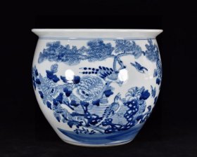康熙双圈款 青花凤戏牡丹缸 高25厘米 直径29厘米