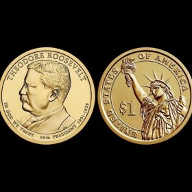美国总统币2013年 第26任 西奥多·罗斯福 26mm 一美元纪念币 拆卷品相全新未流通 普制币难免有氧化划痕瑕疵