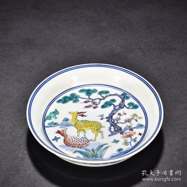 瓷器 明成化斗彩福夀延年松鹿图盘 高3.3厘米 宽16.5厘米