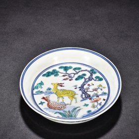 瓷器 明成化斗彩福夀延年松鹿图盘 高3.3厘米 宽16.5厘米