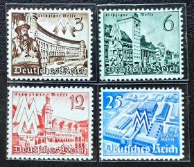 2-466德国1940年邮票 莱比锡博览会 建筑风光 4全新原胶无贴 2015斯科特目录8美元