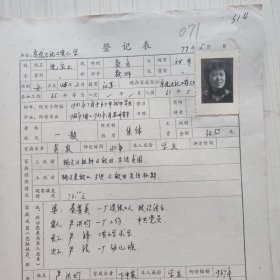 1977年教师登记表：沈宝玉 工农民办小学 /东风 人民公社工农大队5队 贴有照片