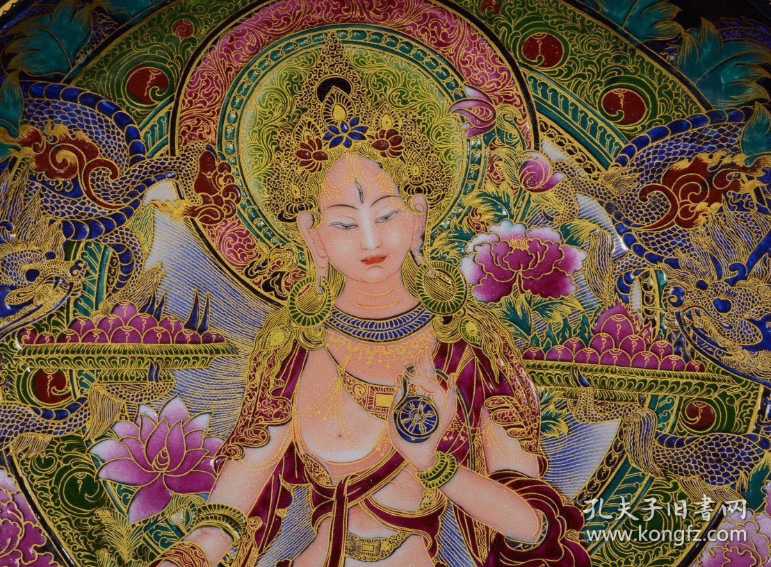 清雍正乌金釉珐琅彩描金唐卡人物盘子；3.8x43.3厘米