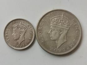 英属斐济1942年乔六6便士、1弗洛林二枚合售（银币）