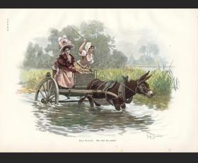 德国1896年套色石印版画小驴车