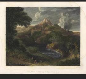 1833年英国手工上色雕版铜版画Poussin 风景