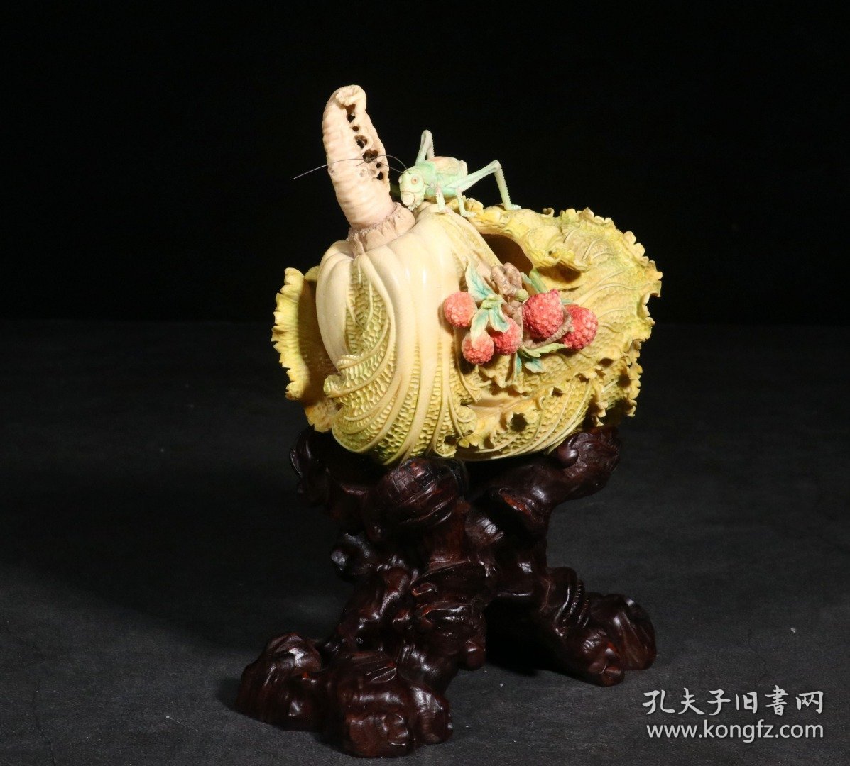 精品.旧藏.雕加彩手工雕刻“百财”白菜摆件
