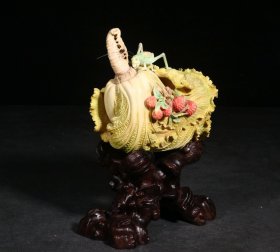 精品.旧藏.雕加彩手工雕刻“百财”白菜摆件