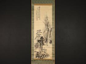 清.明治时期画家直入山樵田痴【田能村直入】晚年作品【凉亭观瀑图】画心125*42cm无轴头原配老桐木盒子双盒子盒盖题签