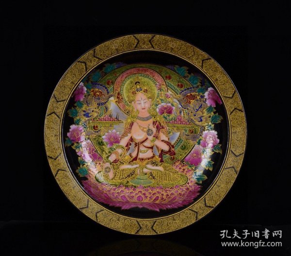 清雍正乌金釉珐琅彩描金唐卡人物盘子；3.8x43.3厘米