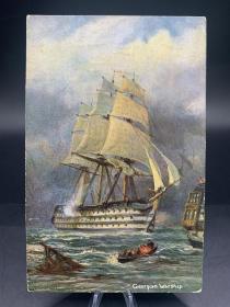 英国1918年，特拉法尔加海战实寄油画版明信片。
正面的描绘的是纳尔逊勋爵的旗舰胜利号风帆战列舰在特拉法尔加海战中作战的场景。
背面右上角是英国国王乔治五世邮票，邮戳日期1918年11月15日，距离一战结束过去了4天，寄往英格兰汉普郡罗姆西镇。