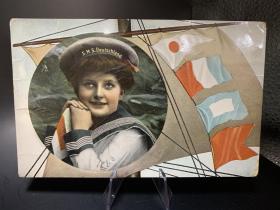 德国“德意志”号前无畏舰女水手实寄明信片。

1910年1月24日寄出，这个时间点，德意志号还是公海舰队旗舰。

女兵水手帽上标明了是德意志号。