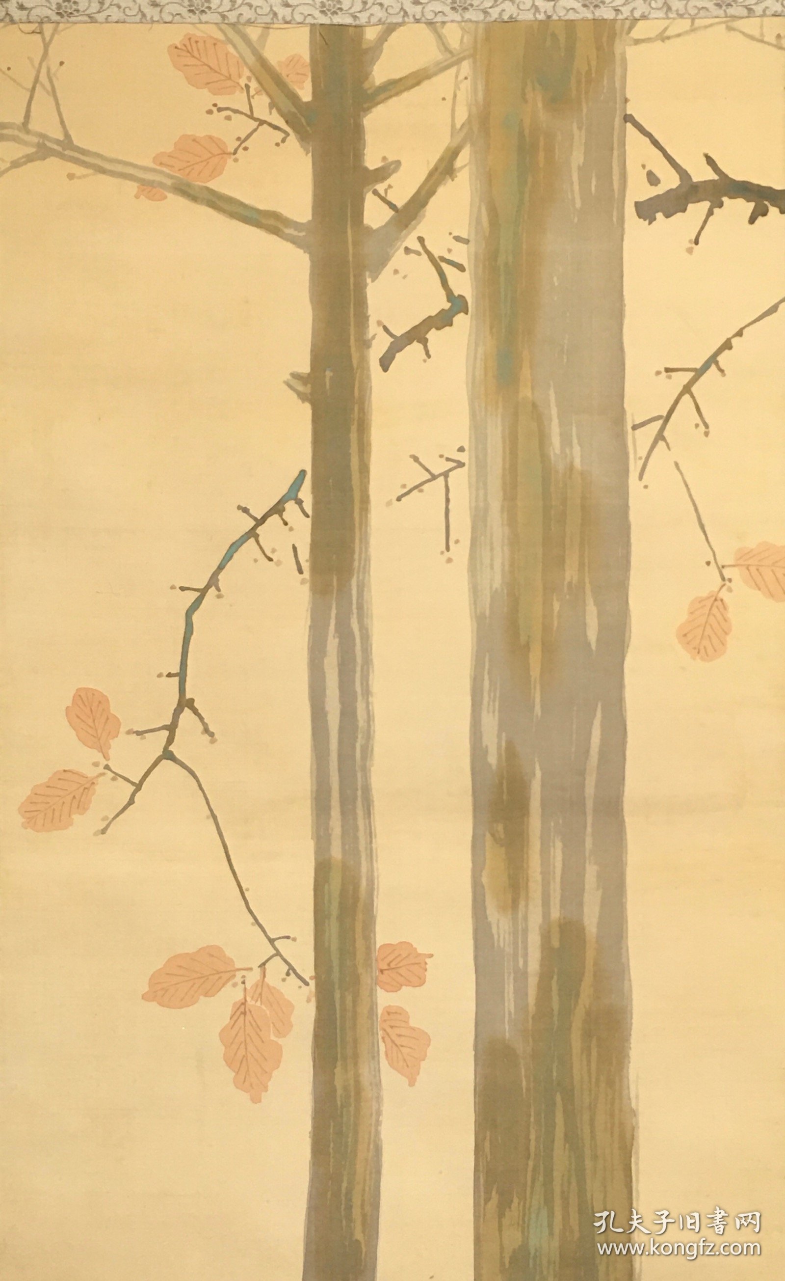 日本名家绘画：五岛耕亩《秋树小雀图》（保真，附作者签题原箱）