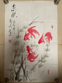 边崇顺写意花鸟画国画水墨字画书画墨迹墨宝纯手绘作品条幅竖幅竖版单幅单条软片鱼乐