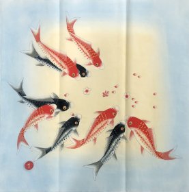 手绘国画九鱼图未装裱画芯